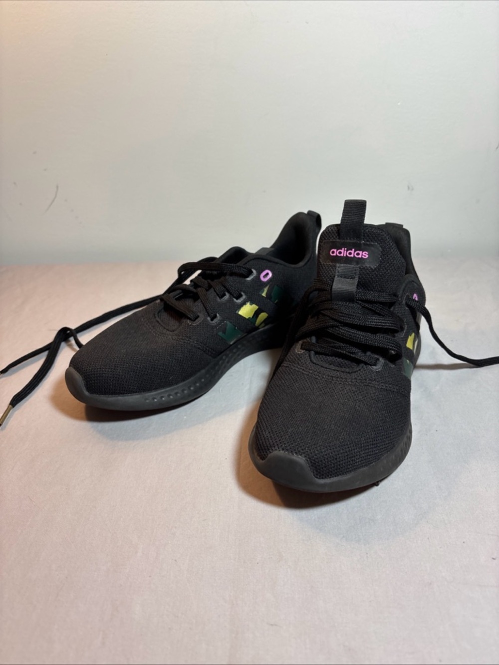 adidas Black Womens Sneakers with Pink and Yellow Accents